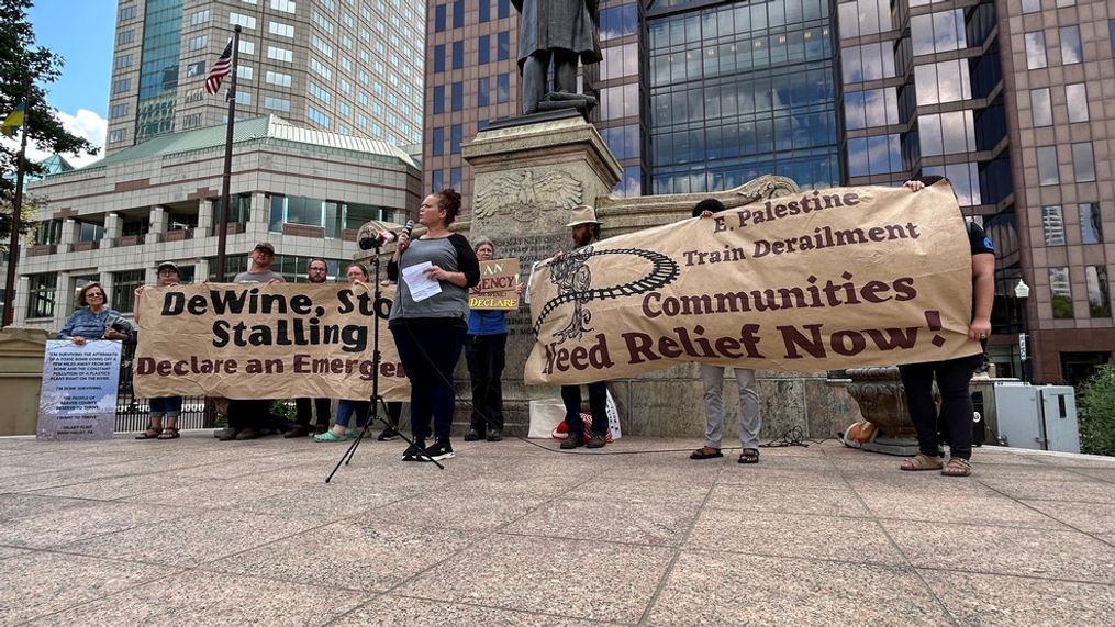 The group, 'Unity Council for the East Palestine Train Derailment,' gathered at the Ohio Statehouse on June 14, 2023, to pressure state officials to seek a declaration of an emergency for East Palestine after a train carrying toxic materials derailed there in February 2023. (WSYX)