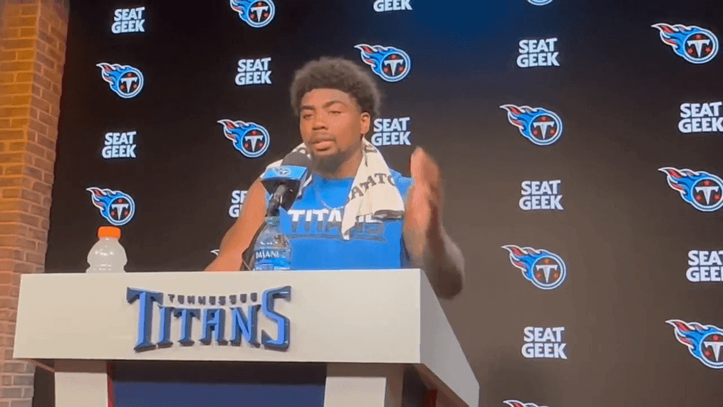 Former Arkansas Razorback Treylon Burks says he started changing his diet during last season to help him eliminate mistakes when he's tired. He has also been running in Nashville, Tenn. to get used to the heat with his breathing and asthma, Burks said while speaking to reporters at the Tennessee Titans training facility on Tuesday, May 16. (Photo Teresa Walker via The Associated Press)